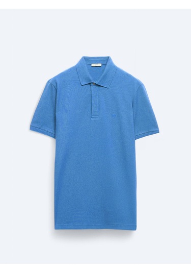 Saks Düz Polo Yaka %100 Pamuk T-shirt Saks