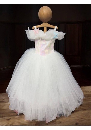 Kız Çocuk Prenses Yaka Kelebek İşlemeli Pullu Tarlatanlı Abiye Elbise-15464 Beyaz