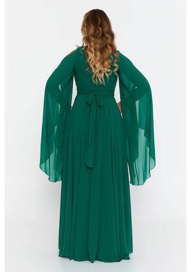 Doridorca Kadın Büyük Beden V Yaka Maxi Abiye Elbise 6021 Zümrüt Zümrüt