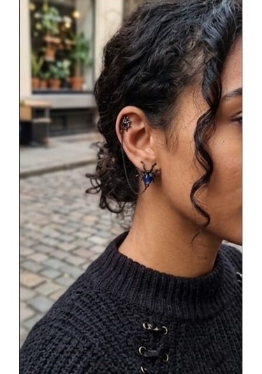 Dükkan Design Lowe And Deep Spice Mavi Taşlı Piercingli Küpe Antrasit
