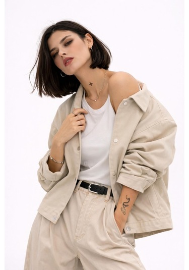 Kadın Oversize Basic Gabardin Mevsimlik Polo Yaka Ceket-385 Taş