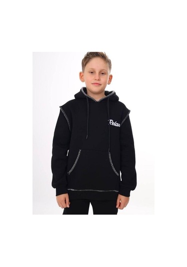 Erkek Çocuk Kapüşonlu Biye Detaylı Şardonlu Kalın Tasarım Sweatshirt-15196 Siyah