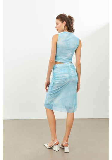 Stella Pulvis Mavi Büzgü Detaylı Beli Lastikli Midi Etek Mavi