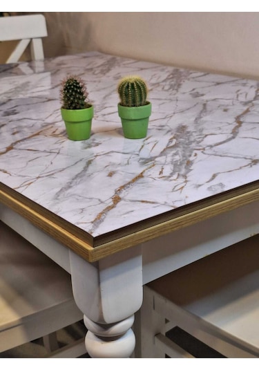 Kalın Pvc Masa Koruyucu 1.2 Mm Mika Örtü, 80 Cm En, Mermer Desen Altın