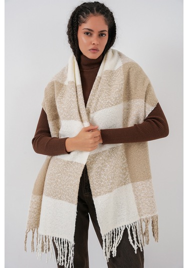 Kadın Yumuşak Dokulu Kalın Şal Atkı 15951 - Vizon Vizon