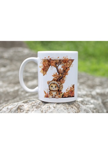 Z Harf Sonbahar Yaprak Temalı Kupa Bardak - Sevimli Figürler İle Alfabe Harfli Bardak - Kişiye Özel Beyaz