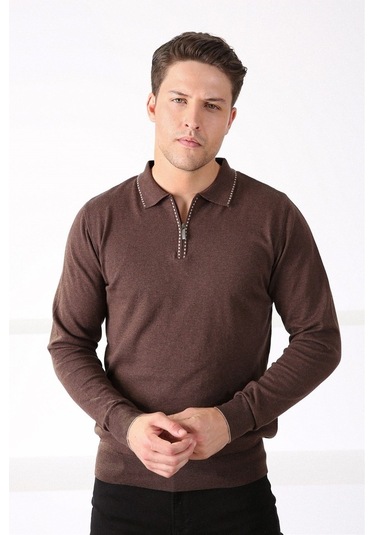 Ferraro Kahve Polo Yaka Fermuarlı Erkek Pamuk Kazak Kahverengi