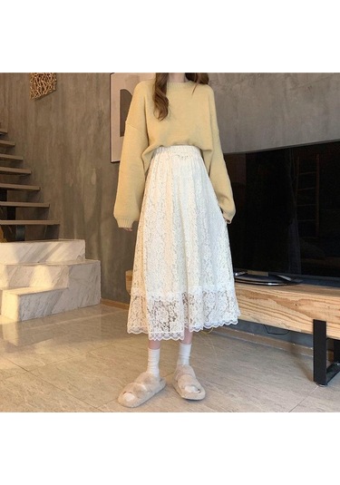 Sonbahar Ve Kış Yüksek Belli Dantel Etek Orta Boy Tüm Maç Düz Renk Çiçek Kayısı