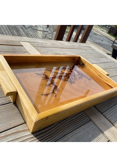 Lichtenberg Desenli Epoksi Ahşap Sunum Tepsisi 30x45