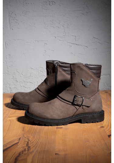 Ducavelli Rock Hakiki Deri Erkek Bağcıksız Kürklü Postal Bot, Harley Bot Kahve Nubuk