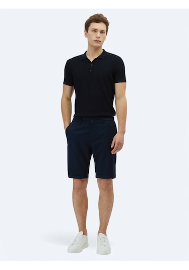 Lacivert Düz Dokuma Slim Fit Casual Pamuk Karışımlı Bermuda Lacivert