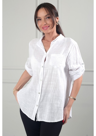 By Saygı Kadın Pul Detaylı Tek Cepli Oversize İthal Keten Gömlek Beyaz