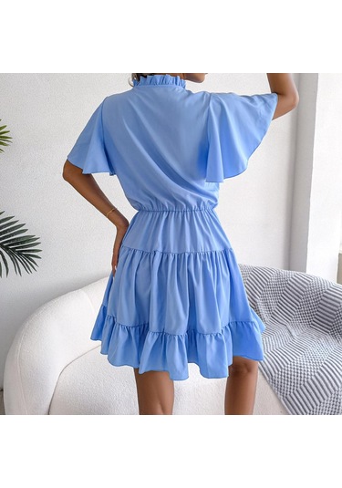 Gmxıa Kadın Modası Düz Renk Baskılı Yaz Bahar Kısa Kollu V Yaka Bol Günlük Elbiseler Mavi