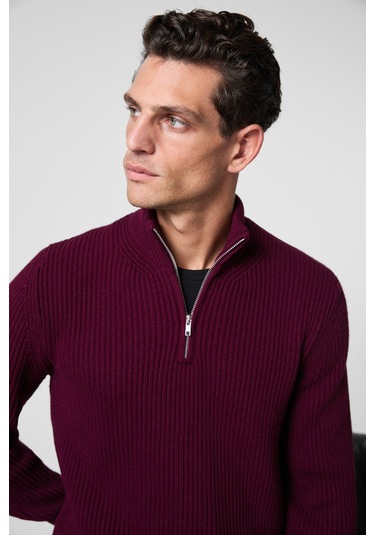 BERNARDO Erkek Yarım Fermuarlı Dik Yaka Triko Bordo Kazak