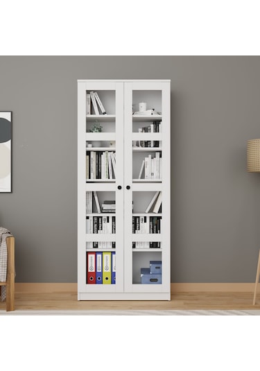 Lucas Cam Kapaklı Vitrin - Büfe - Kitaplık Ve Çok Amaçlı Dolap Ayarlanabilir Raf Beyaz