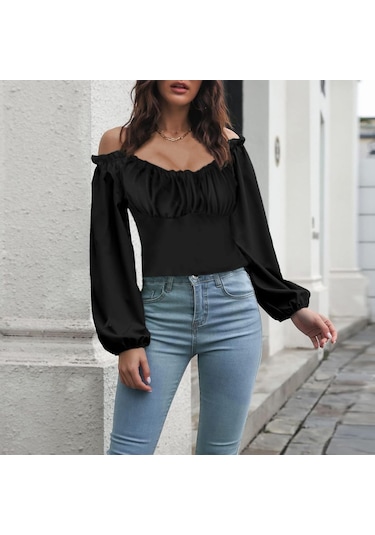Soonaksesuar Kadın Uzun Kollu Kare Yaka Göğüs Büzgü Detay Sandy Bluz Siyah
