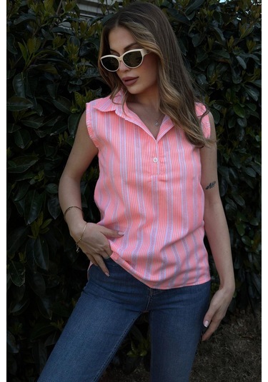 Kadın Oranj Çizgili, Dokulu Yazlık Kumaş, Yarım Patlı, Sıfır Kollu Bluz Oranj