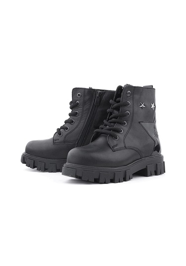 Rakerplus Siyah Bağcıklı Fermuarlı Metal Detaylı Kız Çocuk Bot Siyah