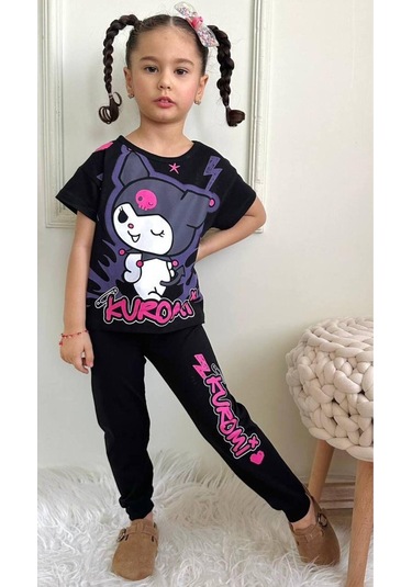 Kız Çocuk Kedi Desenli Kısa Kollu Tshırt Eşofman 2'li Takım-1003 Siyah