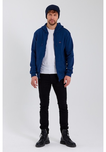 Polostate Erkek Fermuarlı Kanguru Cep 3 İplik Sweatshirt İndigo