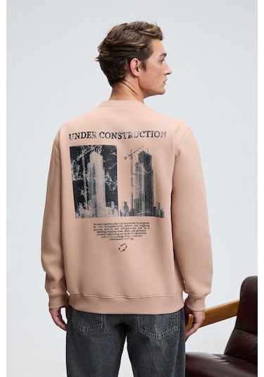 Grimelange LUCIAN Erkek Göğsü Ve Sırtı Baskılı Yuvarlak Yaka Regular Fit Vizon Sweatshirt