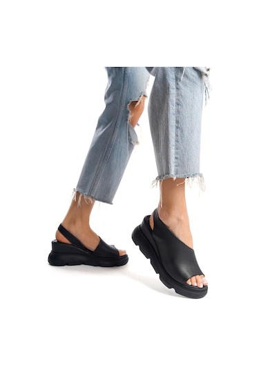 Elit Lyna Kadın Hakiki Deri Dolgu Topuk Sandalet Siyah Siyah