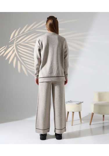 Kontrast Dikişli Kadın Triko Takım Vizon