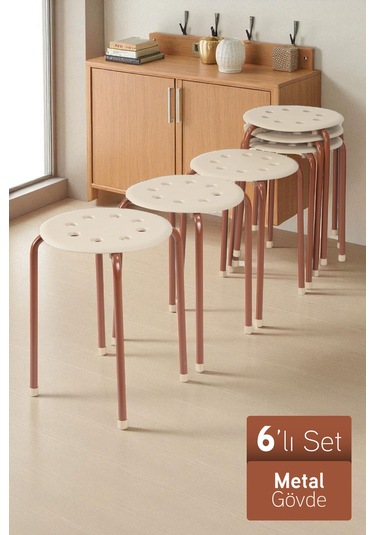 İronika Otto Metal Gövdeli Modern Tabure Mutfak Bahçe Taburesi - 6 Adet Krem Kahverengi