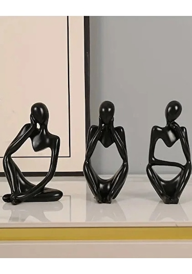 3'lü Siyah Soyut Düşünen Adam Heykel Biblo Seti - Modern Dekoratif Ev Ofis Aksesuarı