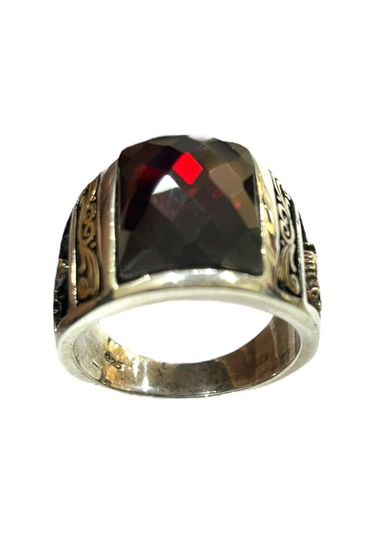 Erkek Yüzük 925 Ayar Kırmızı Taşlı Osmanlı Tuğralı Ve Armalı Gümüş Yüzük G714027