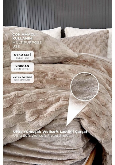 Kürk Yatak Örtüsü Yorgan Uyku Seti Tek Kişilik Çarşaflı Peluş Yumuşak Dolgulu Rody 3 Parça Bej