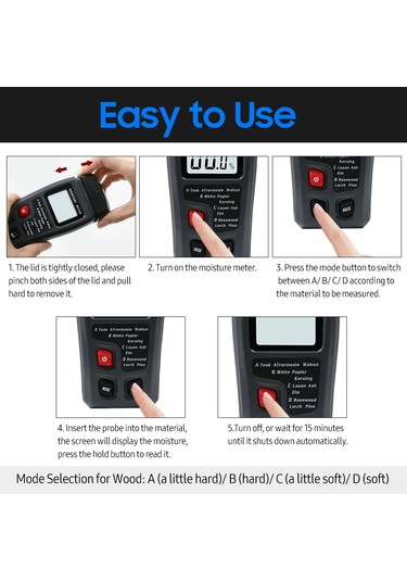 Neevoyu Ahşap Nem Ölçer, Ahşap/kağıt/hammadde İçin 4 Modlu Sayısal Lcd Ekranlı Nem Oranı Test Cihazı Siyah, 9v Pil Dahil