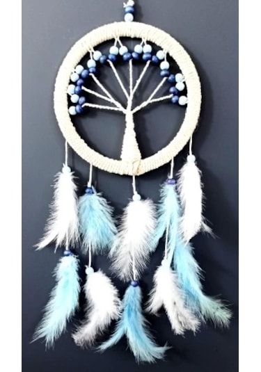 Mavi Beyaz Kuş Tüylü Hayat Ağacı Düş Kapanı Duvar Süsü