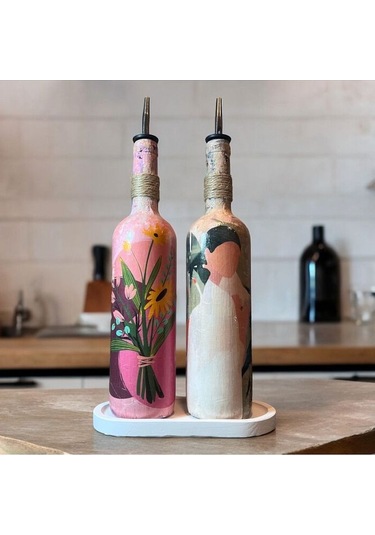 Yerli Kadın Ve Pembe Çiçek Motifli Özel Tasarım Yağdanlık-sirkelik Sosluk Seti Ev-mutfak Dekoru Çok Renkli