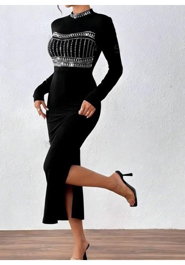 Kadın Yarım Balıkçı Yaka Taş Işemeli Bacak Dekolteli Maxi Boy Elbise Siyah