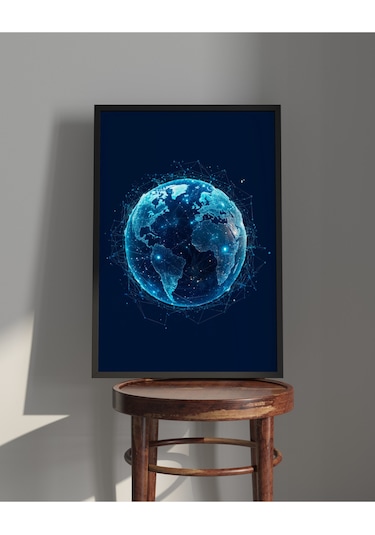 Tablo Ahşap Çerçeveli Tablo Çerçeveli Poster Dijital Ağ Dünya Temalı Tablo, Soyut Tablo