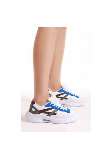 Tonny Black Kadın Beyaz Sax Faylon Taban Şeritli Bağcıklı Spor Ayakkabı Beyaz - Saks