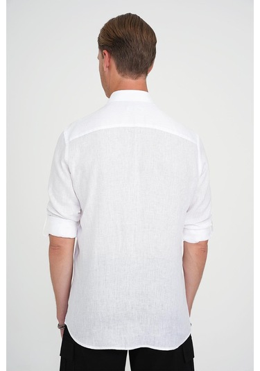 Comfort Fit Düğme Yaka Katlanır Kol %100 Keten Düz Beyaz Gömlek G 1595 Beyaz