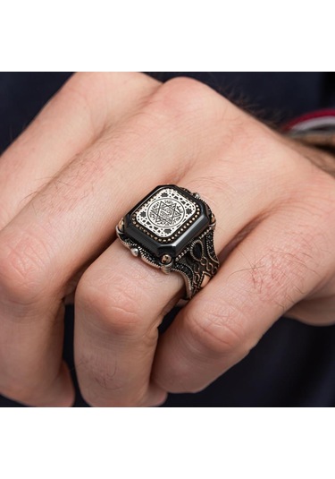 Süleyman Mührü Kare Desenli 925 Gümüş Erkek Yüzük