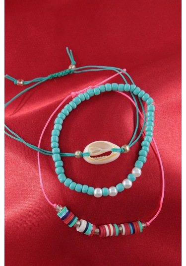 3lü Deniz Kabuğu İncili Boncuklu Asansörlü Lastikli İp Bileklik. Kadın İp Bileklik Halhal Çok Renkli