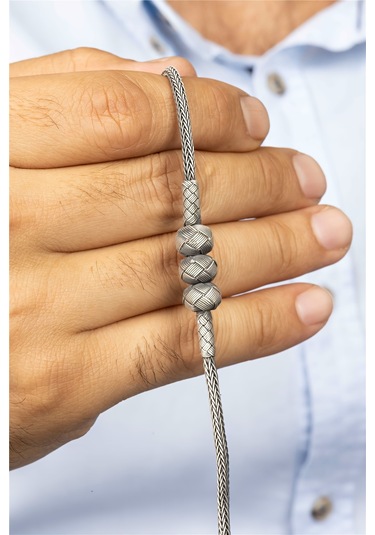 El İşi Örgülü Toplu Hasır Gümüş Erkek Bileklik