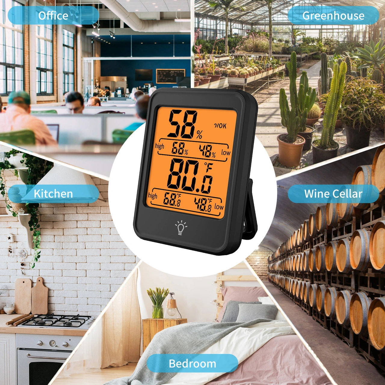 Kangvka Ev İçi Siyah Elektronik Dijital Sicaklık Ve Nem Ölçer, Arka Işık Özelliği, Konfor Gösterimi, Kolay Okunur Ekran, 3 Kurulum Seçeneği