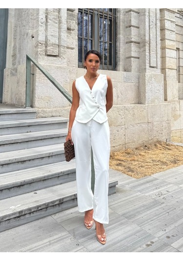 Ahes Shopping Kadın Sıfır Kollu Çapraz V Yakalı Önden Düğmeli Atlas Yelek Ve Pantolon Ikili Takım Beyaz
