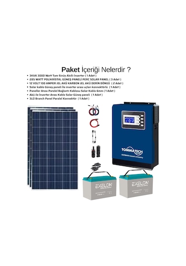Güneş Enerjisi Bağ Evi Solar Paketi 3KVA İnverter 285W Güneş Paneli 100AH Jel Akü