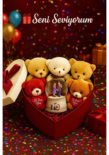 Seni Seviyorum Hediye Kutusu Sevgiliye Özel Romantik Kalpli Kutuda Ayıcık Ve Kar Küresi Hediye Seti Dekoratif Obje