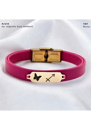 Archin Aralık Ayı Doğumlarına Pembe Derili Kelebek Figürlü 14 Ayar Altın Plakalı Hediye Bileklik-651ay Aralık