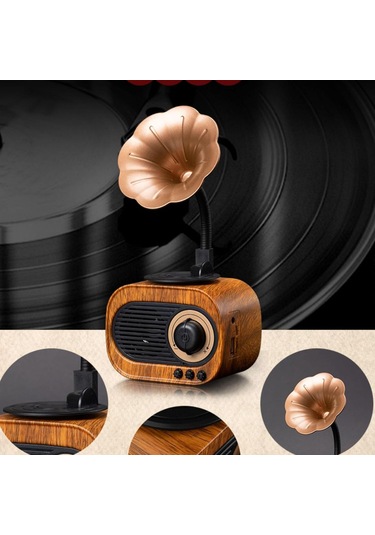 Bukrem Store Retro Ahşap Görünümlü Gramofon Bluetooth Hoparlör Vintage Tasarım, Kablosuz Müzik Keyfi, Şarjlı Mini Gramofon