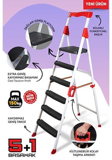Elegance 5+1 Geniş Basamaklı Kolay Taşıma Aparatlı Merdiven Kaliteli Paslanmaz 5+1 Basamaklı