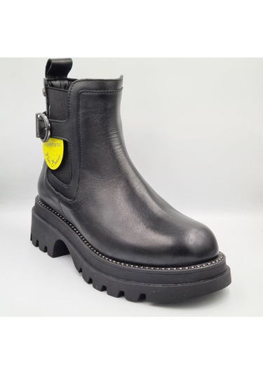 Mammamia D25kb-4185 Siyah Hakiki Deri Kalın Topuklu 5cm Fermuarlı Kadın Bot Siyah