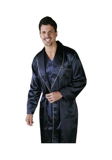 Ancelo 333 Saten Pijama Takım Ve Robdöşambr 3lü Damat Çeyiz Set Lacıvert